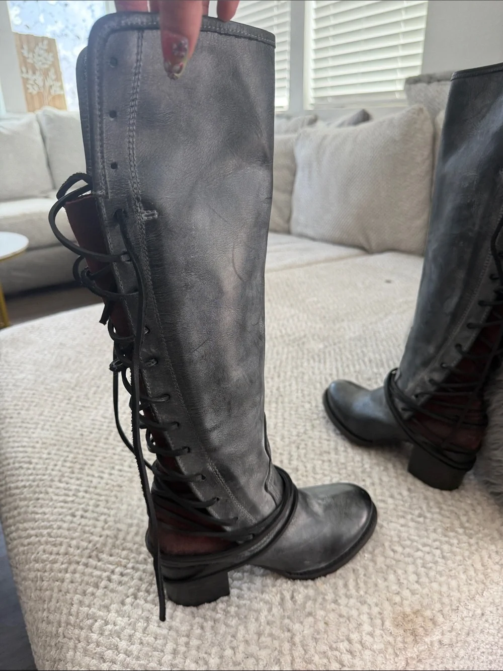 Freebird by Steven Tall Lace-Up Boots in Gray with Burgundy Interior - Picture 2 of 8